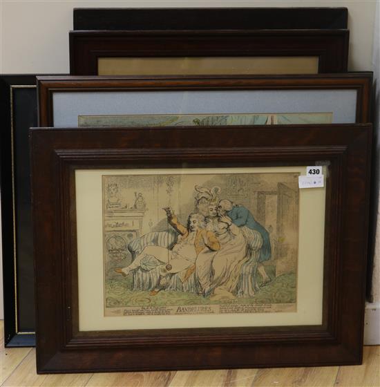 Bloehm after Gilray, five caricatures, Bandelures, Morning After Marriage, A Voluptuary, largest 42 x 50cm
